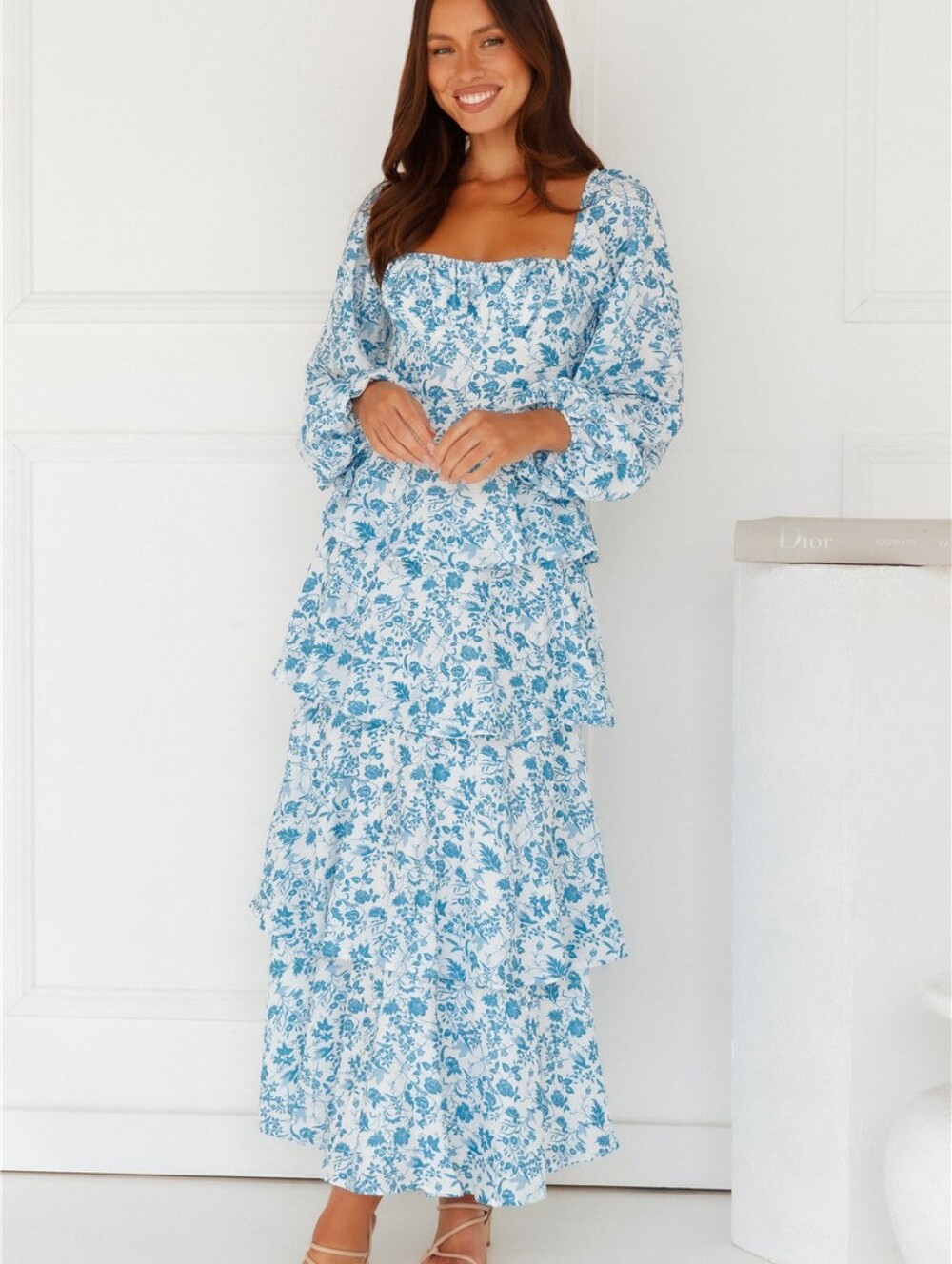 One and Only Collective Blue Floral Tiered Maxi Dress | Size Medium